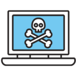 Cartoon of a computer with a skull and crossbones